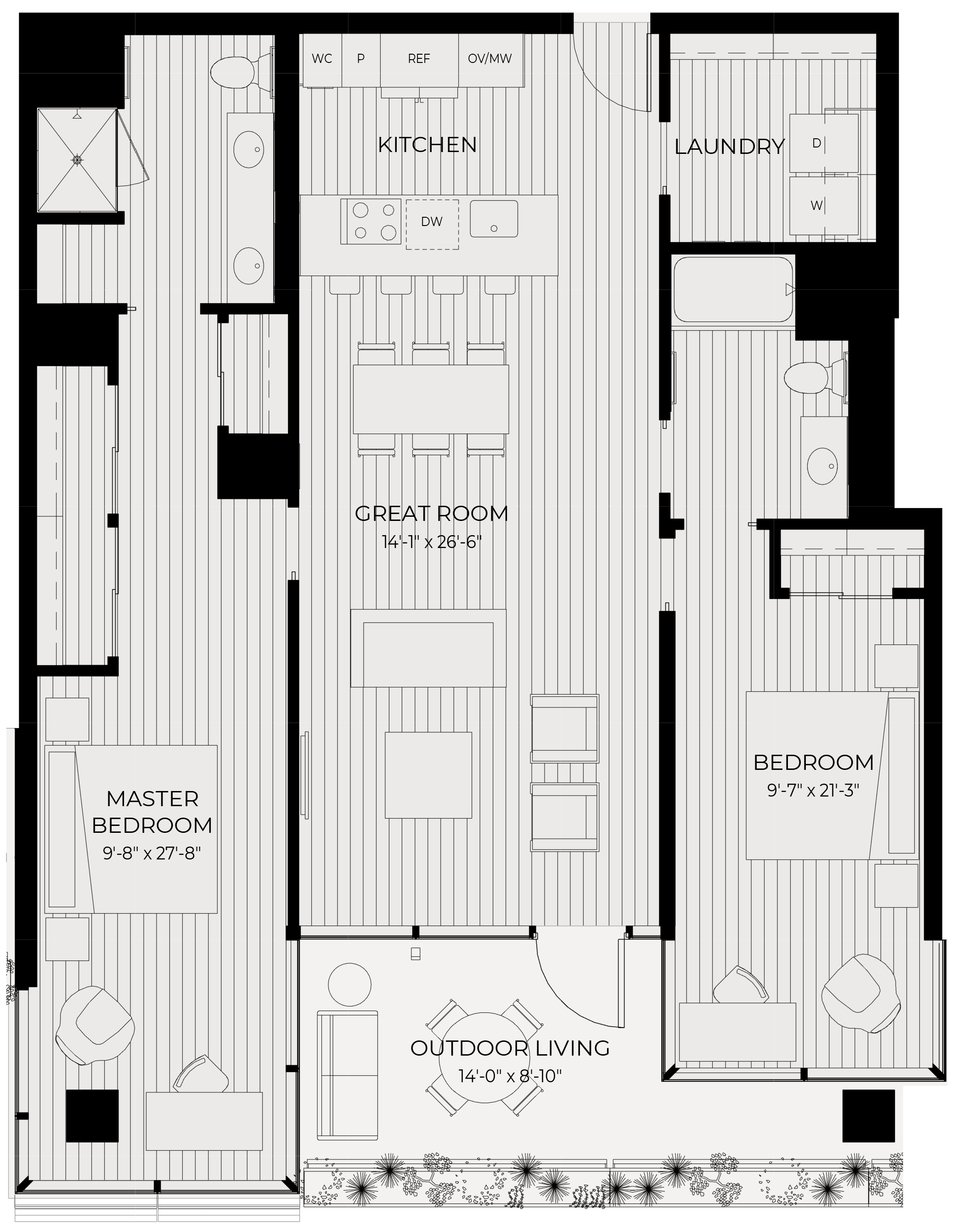 Floor plan for 2 beds, 2 baths, 1382 sqft